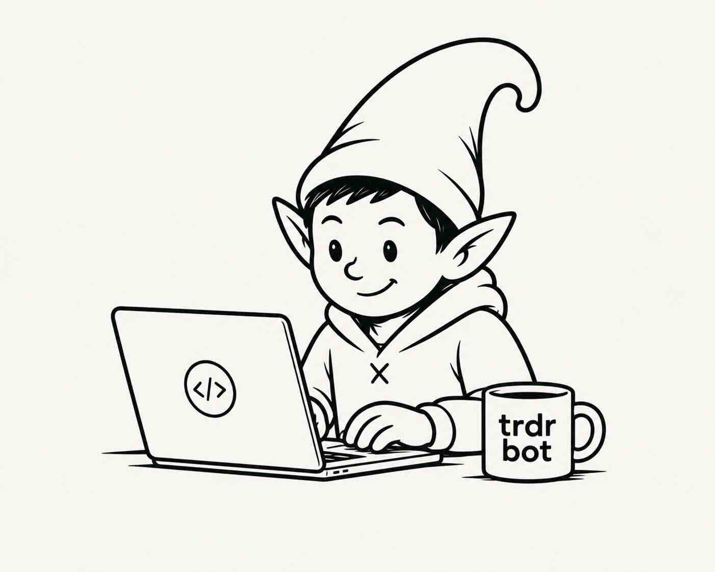 Theo, trdrbot's elf mascot, working at a laptop beside a trdrbot mug